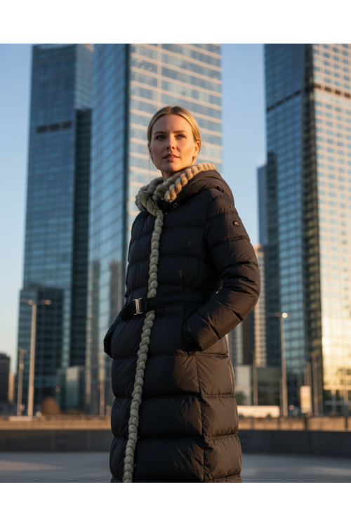 ANORAK NEGRO CON CINTURÓN Y CAPUCHA PELO