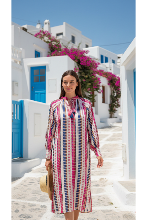 VESTIDO JACQUARD BLANCO/FUCSIA