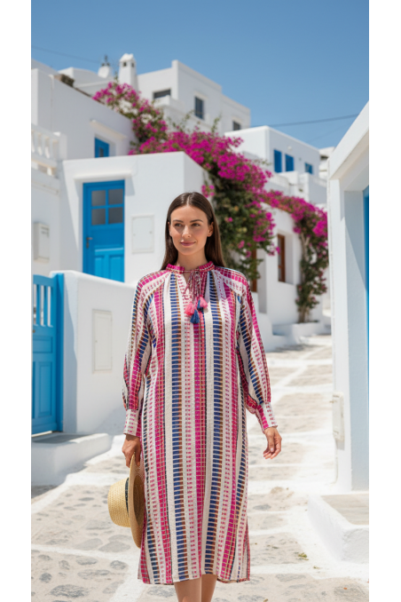 VESTIDO JACQUARD BLANCO/FUCSIA