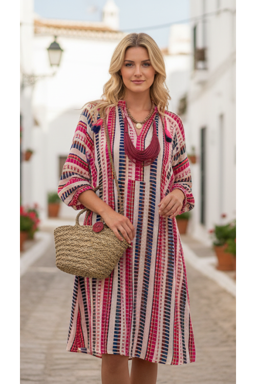VESTIDO JACQUARD BLANCO/FUCSIA