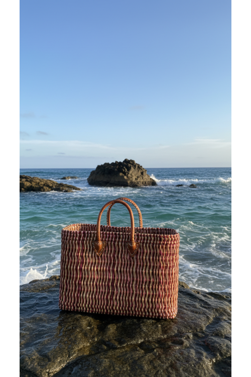 CESTO PAJA GRANDE BEIGE FUCSIA