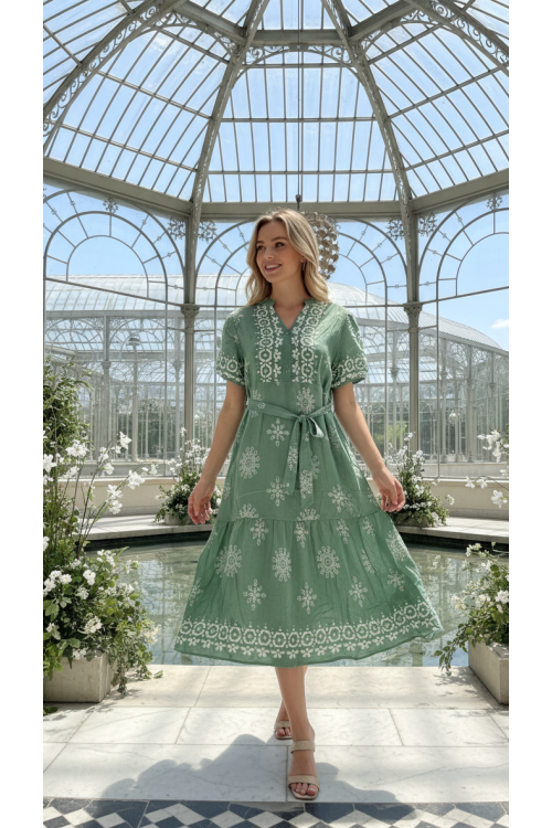 VESTIDO ESTAMPADO VERDE CINTURÓN