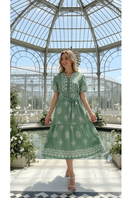 VESTIDO ESTAMPADO VERDE CINTURÓN