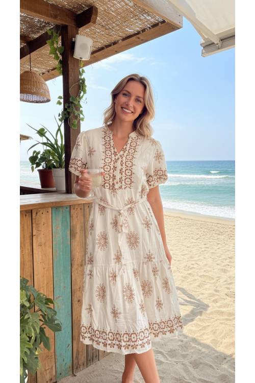 VESTIDO BEIGE ESTAMPADO CINTURÓN