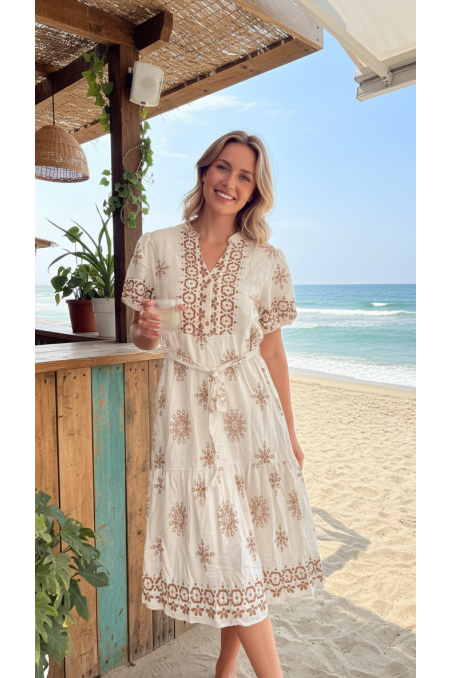 VESTIDO BEIGE ESTAMPADO CINTURÓN