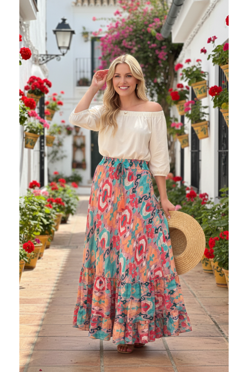 FALDA LARGA ESTAMPADA MULTICOLOR